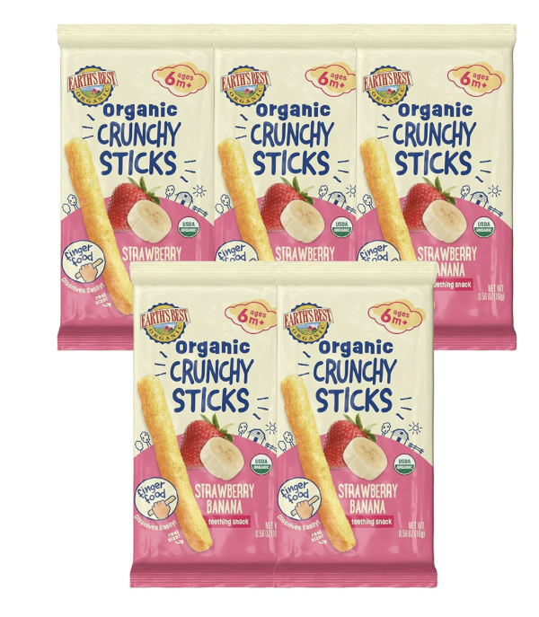 Earth's Best Organic Baby Food, Dissolvable Teething Snack for Babies 6 Months and Older, Strawberry Banana Crunchy Sticks, .56 oz Pack (Pack of 5)